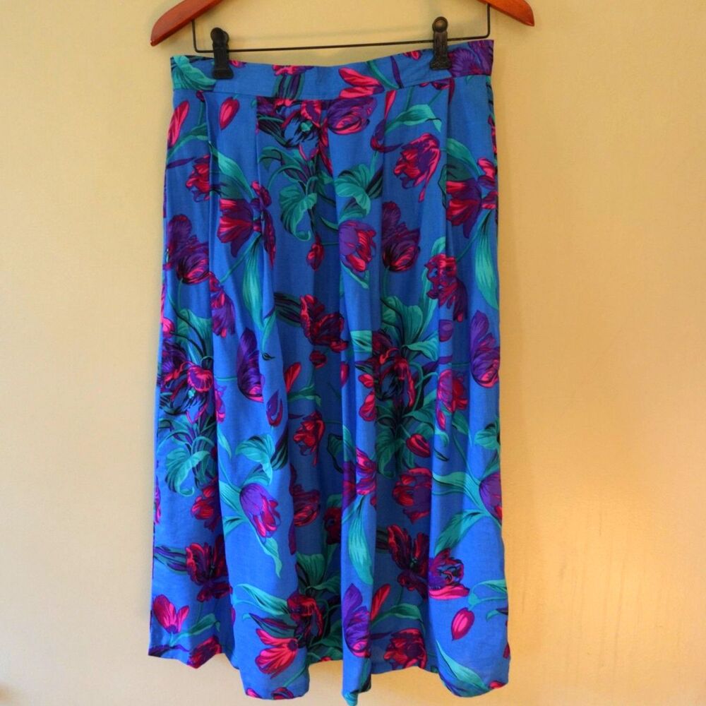 Vtg Greenwich Square Blue Floral Pleated Midi Skirt Rayon Retro Maximalist